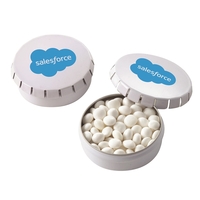 Small, round push-top tin filled with white mints. This unique tin... from...