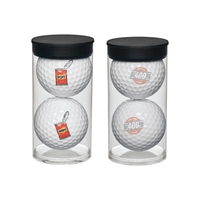 Clear plastic tube filled with 2 imprinted golf balls.... from ASI 57655...