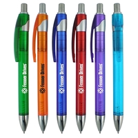 Click-action ballpoint pen featuring a colored translucent barrel with a...