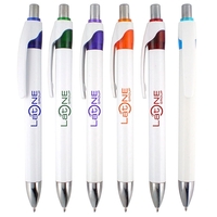 White ballpoint pen with colored trim and click-action mechanism.... from ASI...