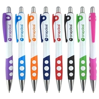 White ballpoint pen featuring a white barrel, colored plastic clip,...