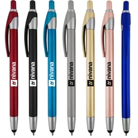 Click-action stylus pen with long slim body, metallic color barrels, and......