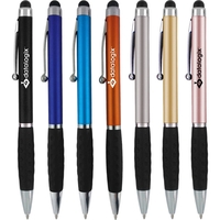 Metallic colored twist-action pen featuring a detailed comfort grip and...
