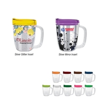 USA-made 12 oz. travel mug with snap-on, spill-resistant thumb-slide lid......
