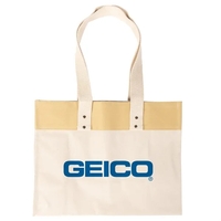 Color-blocked Beach Tote. Contrast band on top edge. Laminated Inside....