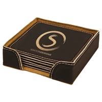 Black/Gold Leatherette Square Coaster Set