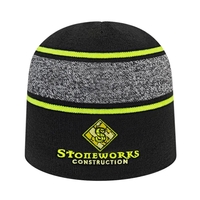 Knit beanie with variegated black and white yarn and contrasting stripes.......