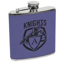 6 oz. stainless steel flask with purple leatherette and laser engraving;......