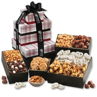 black and silver tower filed with chocolates, nuts, and other treats... from...