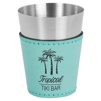 Two-ounce stainless steel and teal PU leatherette shot glass.... from ASI...