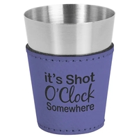 Two-ounce stainless steel and purple PU leatherette shot glass.... from ASI...