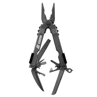 Black multi-tool with needle nose pliers, blade, file, saw, bottle/can...
