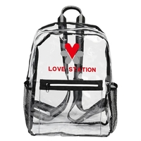 Zippered clear backpack with front zippered pocket. 2 sides mesh pockets......