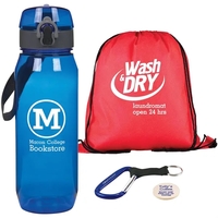 College kit with a drawstring backpack, carabiner, sports bottle, and...