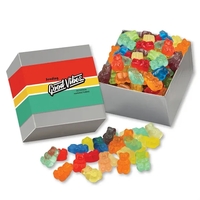 silver gift box with full color band filled with gummi bears... from ASI...