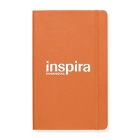 Hard bound notebook with ivory-colored paper, elastic closure and ribbon...