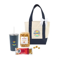 Gift set with a tote bag, 20 oz. tumbler, caramel popcorn,... from ASI 56070...