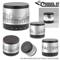 2 5/16" x 2 1/2" wireless speaker that's rechargeable and lights... from ASI...