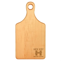 Customizable 13 1/2" x 7" paddle-shaped maple cutting board treated with......