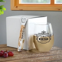A gift set featuring a stemless wine glass and a natural... from ASI 61966...