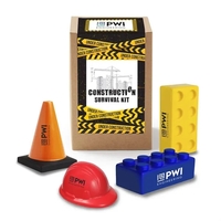 Construction themed survival kit with hard hat, cone and block-shaped...