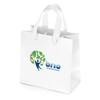 Premium-weight matte-laminated bag with woven handles and fold-over top.......