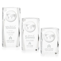 Optical crystal award with 3D world globe molded into the back.... from ASI...