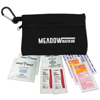 Foam lined zip bag with 50mm carabiner contains two sunscreen packets,......
