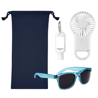 Outdoor essentials kit with polyester drawstring pouch, sunglasses, sunscreen...