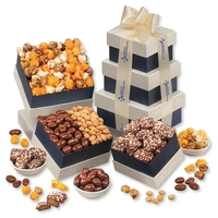 navy and pearl tower filled with chocolates, nuts, and popcorn... from ASI...