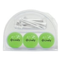 Includes, three golf balls, approximately twelve white 2-3/4" wood tees...