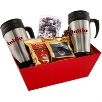 Tray with two 16 oz. mugs, coffee, tea and tootsie rolls.... from ASI 44900...