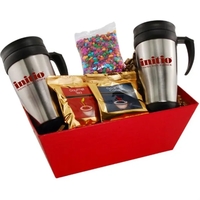 Tray with 2 mugs, coffee, tea and chocolate covered sunflower seeds.... from...