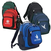 Polyester backpack features large main compartment and interior CD player...