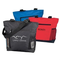 Polyester tote bag with zippered main compartment, pockets and cardboard...