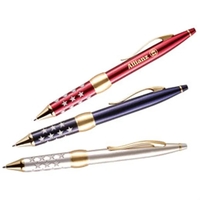 Twist action ballpoint pen with gold trim and star rubber grip.... from ASI...