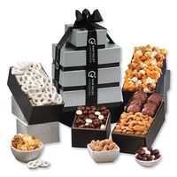 Silver & black tower filled with chocolates, popcorn, and nuts... from ASI...