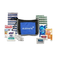 Tradeshow survival kit with Emergen-C packets, tissues, first aid supplies,...