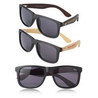 Bamboo inspired temple sunglasses with black plastic frame and UV...