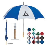 The umbrella features a comfortable wood grip handle for easy carrying......