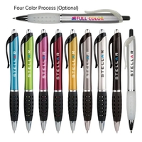 Plunger-action pen with curved pocket clip, dimpled black rubber grip...