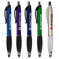 ABS plastic plunger-action pen with stylus tip, metallic barrel, chrome...