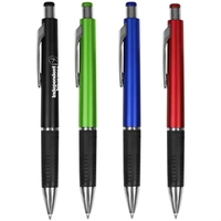 Plunger-action ballpoint pen with metallic barrel and black grip section.......