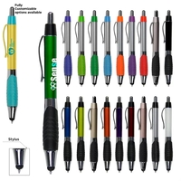 Plunger action ballpoint pen with rubber grip, stylus, metallic-tone barrel...