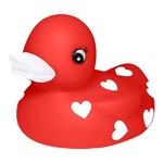 Red rubber duck with white hearts