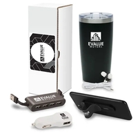 Five-piece gift set with 20 ounce steel drinking tumbler, earbuds, USB......