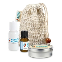 Self-care set includes a loofah bag, lotion, essential oil, and candle......