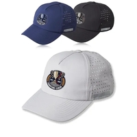 Five panel performance cap with polyester sweatband, plastic snap-back...