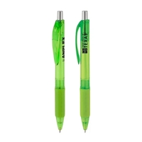 Plunger action ballpoint pen with translucent body, matching rubber grip...