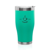 28 oz. stainless steel travel mug with clear plastic lid, drinking... from...